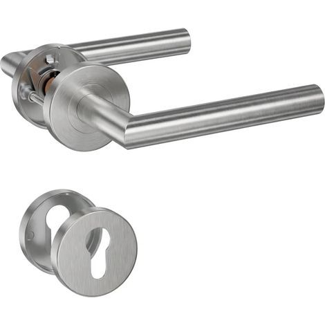 set of stainless steel lever door handles with cylindrical hole escutcheon, mortise door lock handle, silver color (SO2-103C) (1/5)