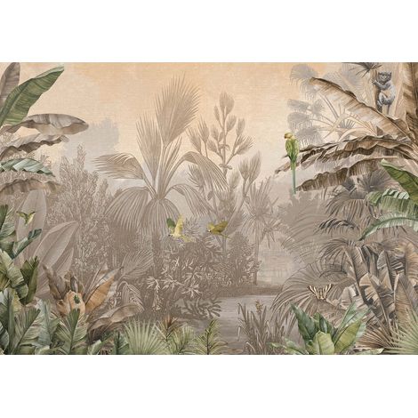 Papier peint panoramique tropical tendance Tapisserie panoramique paradisiaque à motifs oiseaux et palmiers Papier peint panoramique jungle pour chambre (1/2)