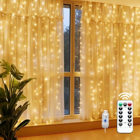 Rideau lumineux décoration Noël mariage fenêtre 3x3M 360 LED blanc chaud étanche à minuterie (1/5)
