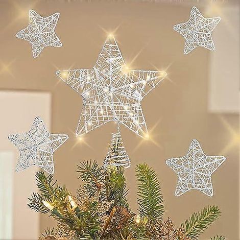 Weihnachtsbaumspitzen-Set: Hohle, funkelnde, beleuchtete Stern-Weihnachtsbaumspitze, 20 warmweiße LED-Lichter (1/4)