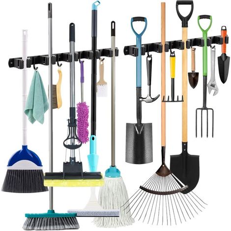 Portascope da parete 2 pezzi, 5 portascope da parete e 4 ganci, nero, portascope con montaggio tramite foratura o adesivo per bagno, garage, attrezzi da giardinaggio, cucina (1/4)