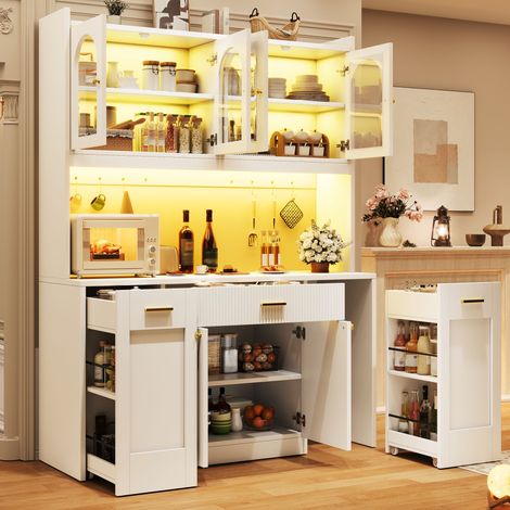 DESMIU Buffet de cuisine haut avec 3 vitrines en verre, tiroirs, étagères roulantes des deux côtés, pour cuisine, blanc, 120 × 40 × 187 cm (1/5)