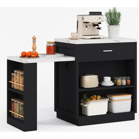 CHICFURN Isla de cocina con mesa extensible 211x55x89,5 cm, MDF negro, 4-6 personas (1/5)