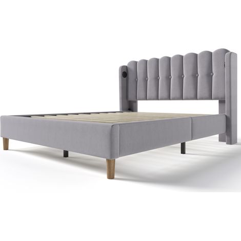 Lit coffre rembourré gris 160 x 200 cm avec ports USB et USB-C, sommier à lattes, en lin, MODENUIT (1/5)