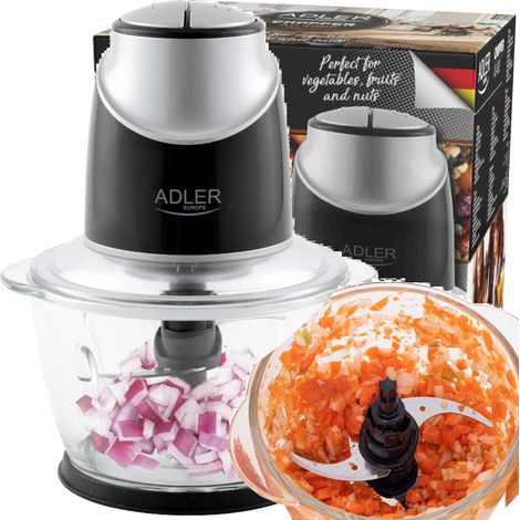 ADLER AD4082 Picadora Eléctrica de Alimentos, 4 Cuchillas Acero Inoxidable, 2 Velocidades, Recipiente de Cristal 1,2 Litros, Accesorios Aptos para Lavavajillas, Pica y Tritura Carne, Verduras, 550W (1/5)