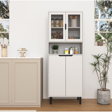 Armario alto blanco de MDF con puertas de vidrio templado y estante ajustable (1/5)