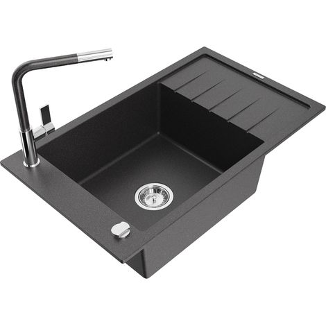 Mexen Elias fregadero de granito de 1 cubeta con escurridor y grifo de cocina Flora, negro moteado - 6511-76-670401-08 (1/5)