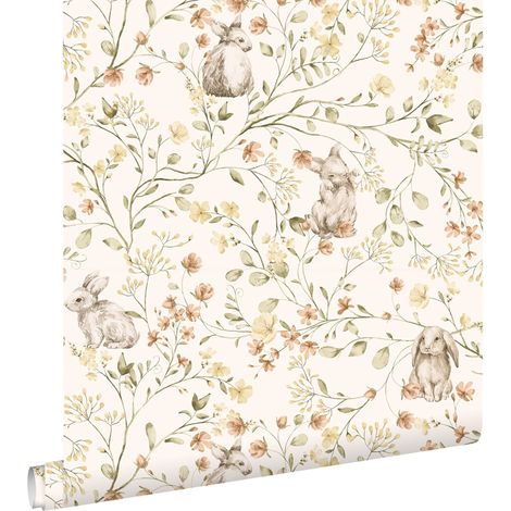 papier peint lapins vert, jaune et terracotta  - ESTAhome