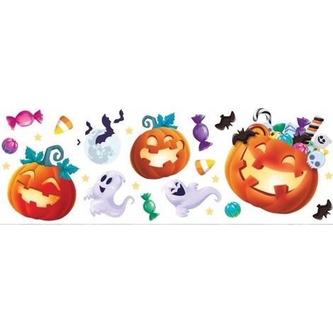 Pegatinas decorativas para pared: adornos de Halloween con calabazas, fantasmas y caramelos. (1/2)