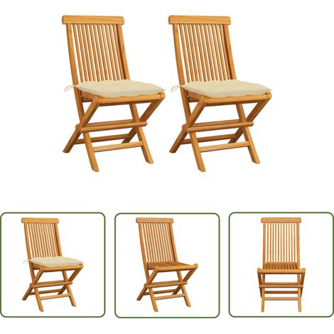 The Living Store Chaises de jardin lot de 2 et coussins blanc crème Teck massif - Chaise De Jardin Pliable - Chaise De Jardin En Bois - Chaise De Jardin Teck - Mobilier De Jardin - Meubles De Jardin (1/5)