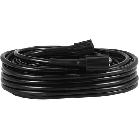 Un tuyau de nettoyeur haute pression M22 en métal noir et plastique, 1600 PSI, tuyau dédié aux nettoyeurs haute pression.