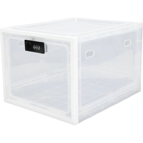 Boîte verrouillable pour frigo en plastique multi-usage pratique, coffre de stockage alimentaire maison, cadre blanc et transparent (1/5)