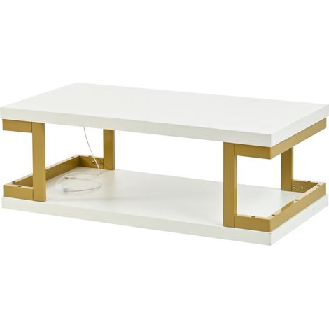 Table basse rectangulaire blanche et or avec éclairage LED, 100x50x37,5 cm, MDF et métal (1/5)