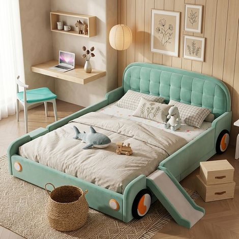 Cama infantil 140x200 cm azul verdoso de terciopelo con diseño de coche, tobogán y escalera reversible (1/5)