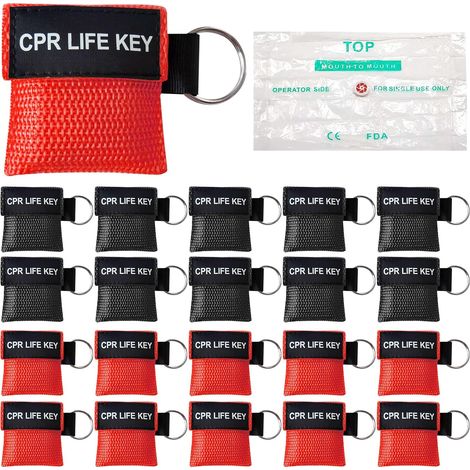 20pcs CPR Mask Keychain Emergency Kit Respiratory Barrier Carry Emergency Face Shields with One-Way Breathing Barrier for First Aid or Aed Training (Red, Black) (1/5)