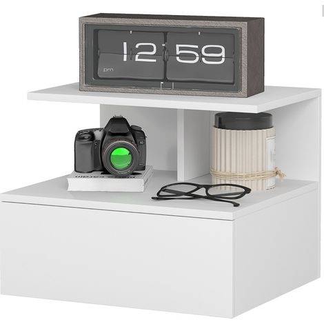 CHICFURN mesita de noche flotante 39,8 x 35 x 31,6 cm de madera blanca con cajón y hueco (1/5)