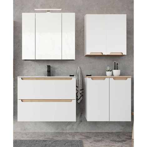 Badmöbelset Hochglanz weiß mit Trüffel-Buche SOFIA-107 Keramik-Waschtisch & Spiegelschrank, B/H/T ca. 160/200/46 cm (1/5)