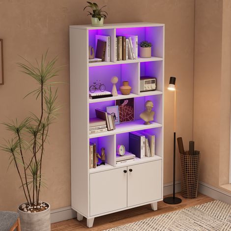 Libreria 80x30x173 cm, 7 ripiani, luci LED controllate da app, doppie ante, MDF e legno massiccio, bianco (1/5)