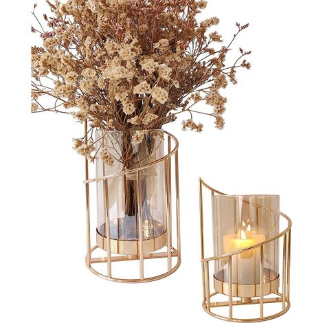 Bougeoir Cylindrique - Métal Doré - Abat-Jour Verre Amovible - Pour Bougie Jusqu'à 7 cm - Ensemble de 2 Pièces (1/5)