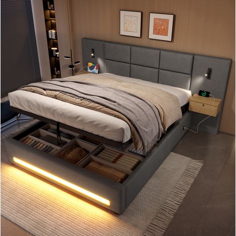 Letto matrimoniale 180x200 cm grigio scuro in velluto con contenitore idraulico, LED e USB-C (1/5)
