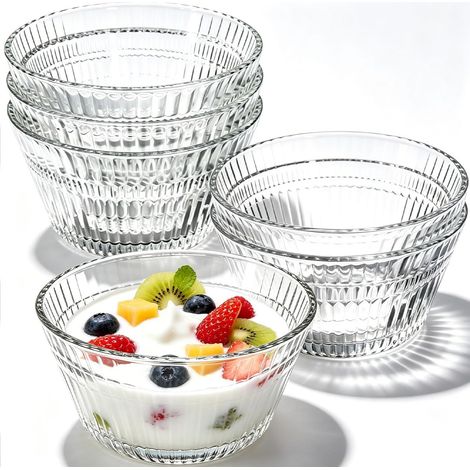 Set di 6 ciotole da dessert in vetro scanalato – 320 ml – Impilabili per risparmiare spazio – Ideali per macedonia, yogurt, gelato, antipasti – Lavabili in lavastoviglie. Perfette per la casa, matrimo (1/5)