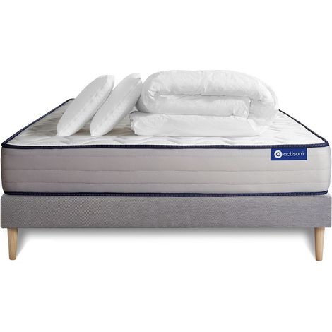 Ensemble matelas sommier Actiflex form 140 x 190 cm 2 oreillers et couette Ressorts ensachés et mémoire de forme - Couleur : Gris (1/5)