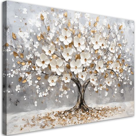 Tableau décoArbre de vie avec fleurs blanches dorées 90x60