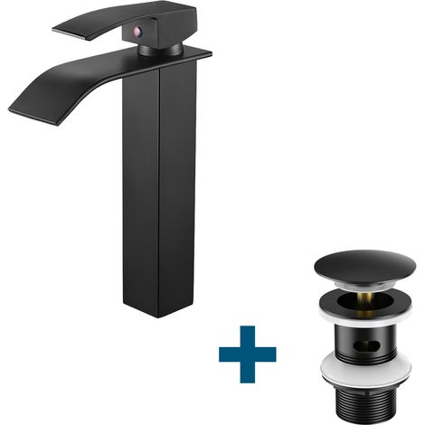 Auralum Waschtischarmatur Hoch Wasserfall Wasserhahn + Ablaufgarnitur mit Überlauf, Wasserhahn Bad mit Pop Up, Schwarz (1/5)