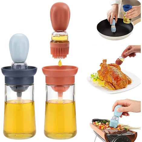 2pcs Bouteille d'huile avec Pinceau à badigeonner en Silicone 2 en 1 Distributeur d'huile avec Brosse Bouteille Huile en Verre pour Cuisson Salade (1/5)