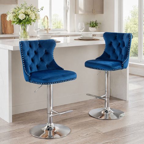Taburetes de bar pack de 2 46x43,5x95-116 cm en terciopelo azul ajustables FloraGrace (1/5)