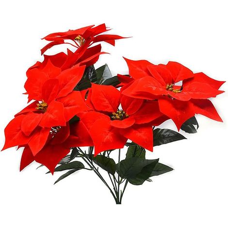 Künstliche Weihnachtsblumen aus realistisch anmutendem Flanell, rote Weihnachtssternsträucher, Tannenzweige