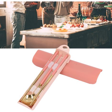 Ensemble de couverts portables en acier inoxydable, boîte de rangement pour baguettes d'étudiant, ensemble de cuillères de voyage, ensemble individuel, or rose. (1/5)