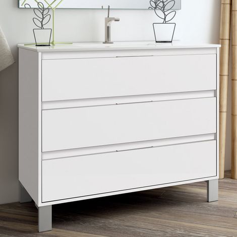 Meuble sous vasque seul, 3 tiroirs, 100cm, pour simple vasque - blanc laqué - TIRIS