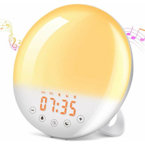 Eveil Lumière LED Radio Réveil Matin Lumineux Lampe de Chevet 20 Niveaux de Luminosité Simulateur d'Aube et Crépuscule 2 Réveils 7 Sons 7 Couleurs Cadeau (1/2)