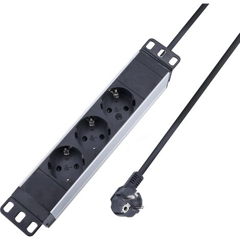Multiprise 10" en Aluminium, 3 Prises, 2 m, H05VV-F 3G1,5, avec Supports, 230 V/16 A/3500 W, pour Armoire Serveur, Noir/argenté (1/3)