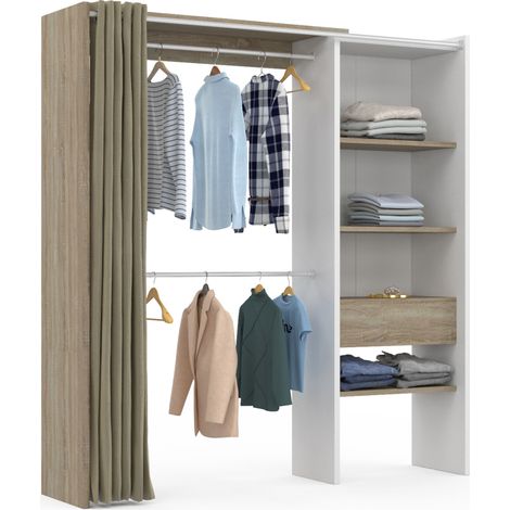 Idmarket – Dressing modulable extensible 120/170 cm – Largeur 50 cm – Hauteur 180 cm – Structure blanche et étagères hêtre – Rideau taupe inclus
