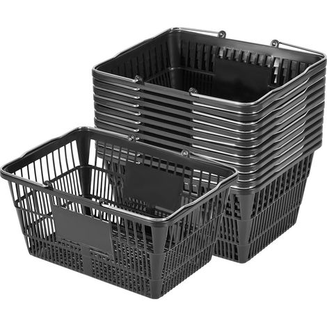 Paniers de courses lot 12, 21 L plastique PE empilable, poignées, maille dense, 9,07 kg, pour épicerie, noir (1/5)