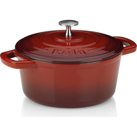 kela tegame in ghisa rotondo da 2,5 litri, Dutch Oven CALIDO, tegame in ghisa per induzione con coperchio, pentola in ghisa per cuocere il pane, smaltata, rossa (1/5)