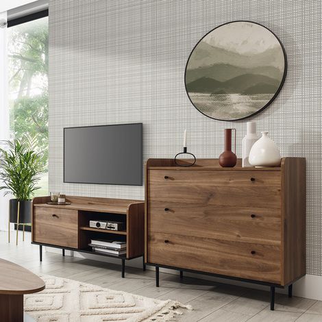 Wohnwand im Vintage Stil in Eiche Nb. VAREDO-132 Fernsehschrank und Kommode, B/H/T: ca. 205/90/45 cm (1/5)