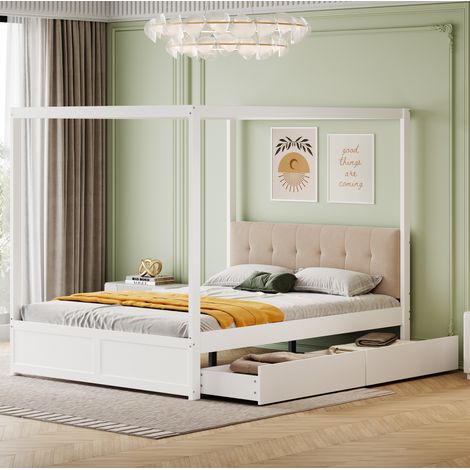 Zeltbett 140/200 cm weiß aus Holzwerkstoff mit gepolsterter Rückenlehne und 2 Schubladen (1/5)