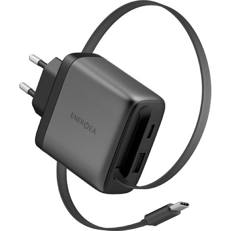Energea Ampcharge Arc 65 USB-A/USB-C-Wandladegerät + einziehbares USB-C PD/PPS/QC3.0 GaN-Kabel in Gunmetal-Optik (1/5)
