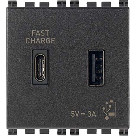 Vimar 19295.AC Arké Presa USB 5 V 3 A, 1 uscita USB tipo A e 1 tipo C, erogano complessivamente 3 A per caricare un dispositivo fino a 3 A o contemporaneamente due dispositivi