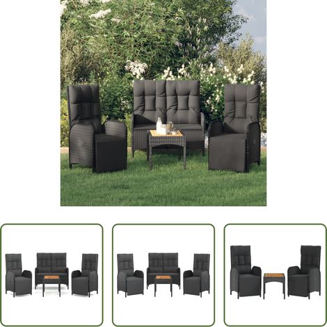 Gartenstuhl - 4-tlg. Garten-Essgruppe mit Kissen Schwarz Poly Rattan (1/5)