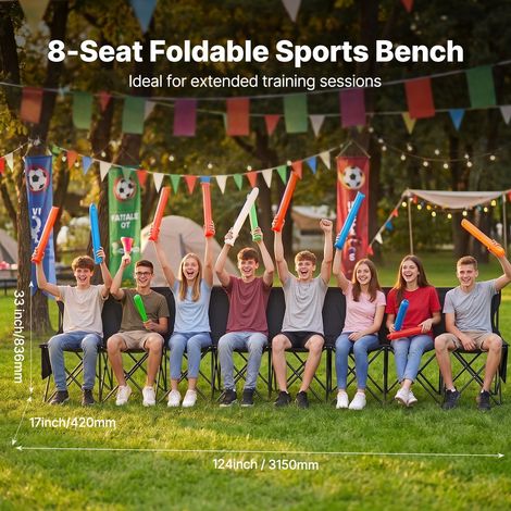 Banc pliant portable à 8 places, banc de camping pliable d'extérieur avec sac de transport et dossier, banc latéral de sport d'équipe pour pêche, football, siège instantané sans assemblage, noir (1/5)