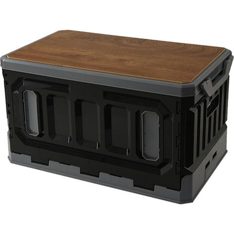 Boîte de rangement pliable empilable 95L noire grise 3 niveaux avec couvercle en bois, bac en plastique grande capacité pour camping. (1/5)