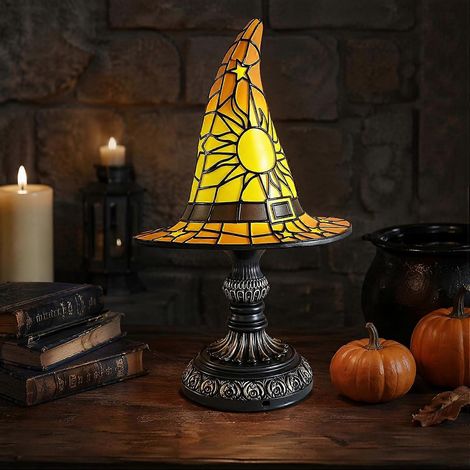 Lampe chapeau de sorcière vitrail lampe d'appoint gothique résine Halloween veilleuse USB décoration vintage jaune (1/5)