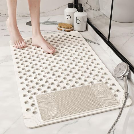 Alfombrilla de baño antideslizante - Suave - Con orificio de drenaje y ventosas - Masaje de pies y práctico almacenamiento - Blanca (1/4)