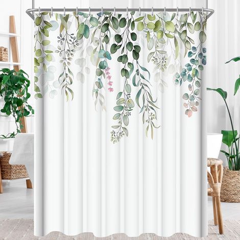 Rideau de douche 180 x 180 cm, motif feuilles vertes, tissu anti-moisissure,imperméable, lavable, en tissu polyester, avec œillets et 12 anneaux de rideau de douche, pour salle (1/4)