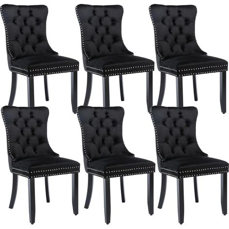 Samt Esszimmerstühle 6er Set, gepolstert, hohe Rückenlehne, Massivholzbeine, Schwarz (1/5)