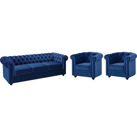 Divano 3 posti e 2 poltrone CHESTERFIELD in velluto Blu notte (1/5)